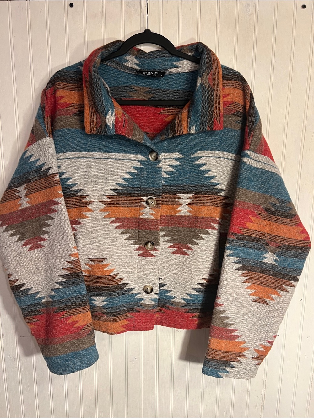 Southwestern Aztec Blanket Jacket Blue B Cropped Shacket Large